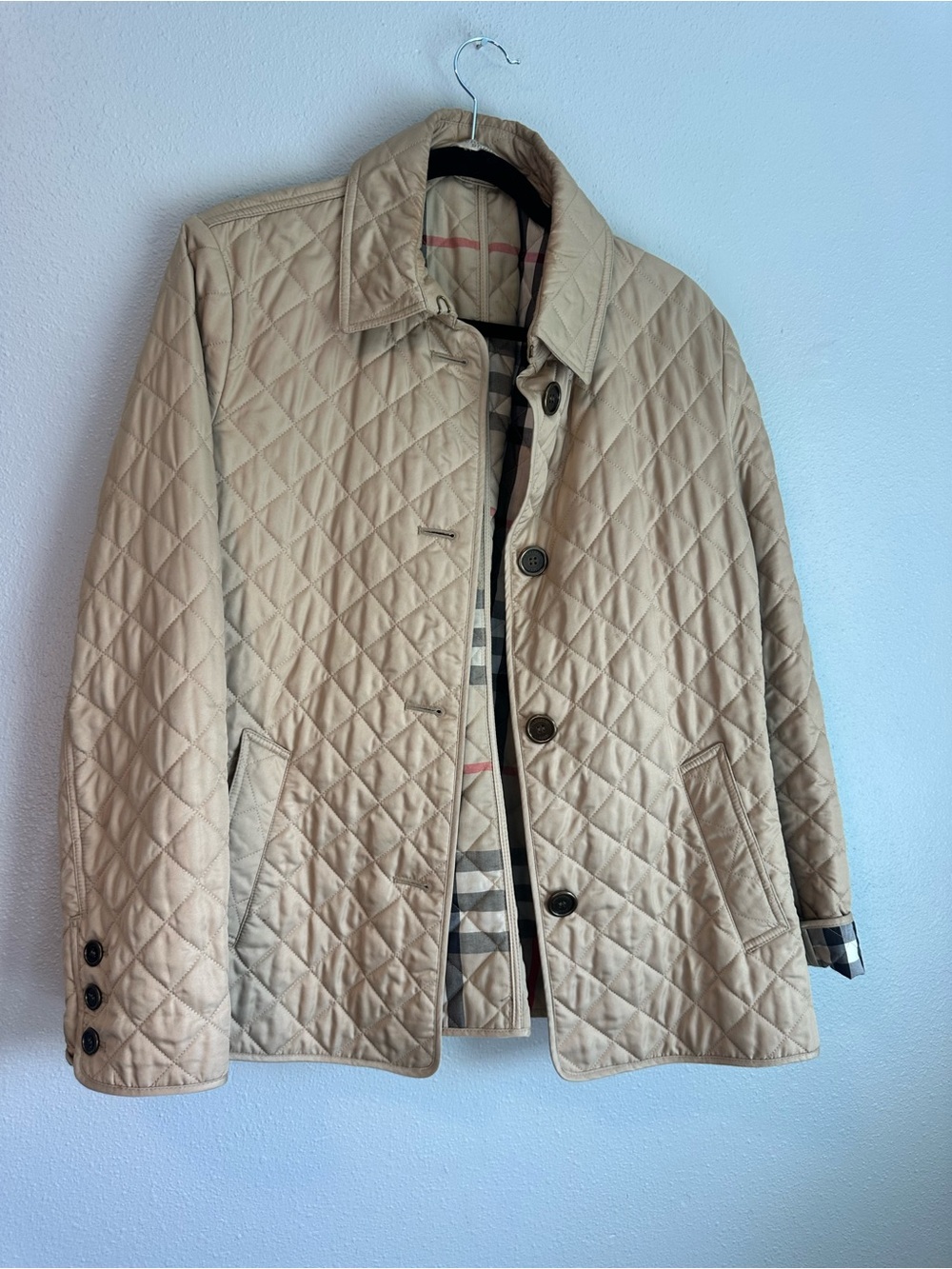 Burberry Brit Beige Diamond Quilted Nova Check Lined Jacket